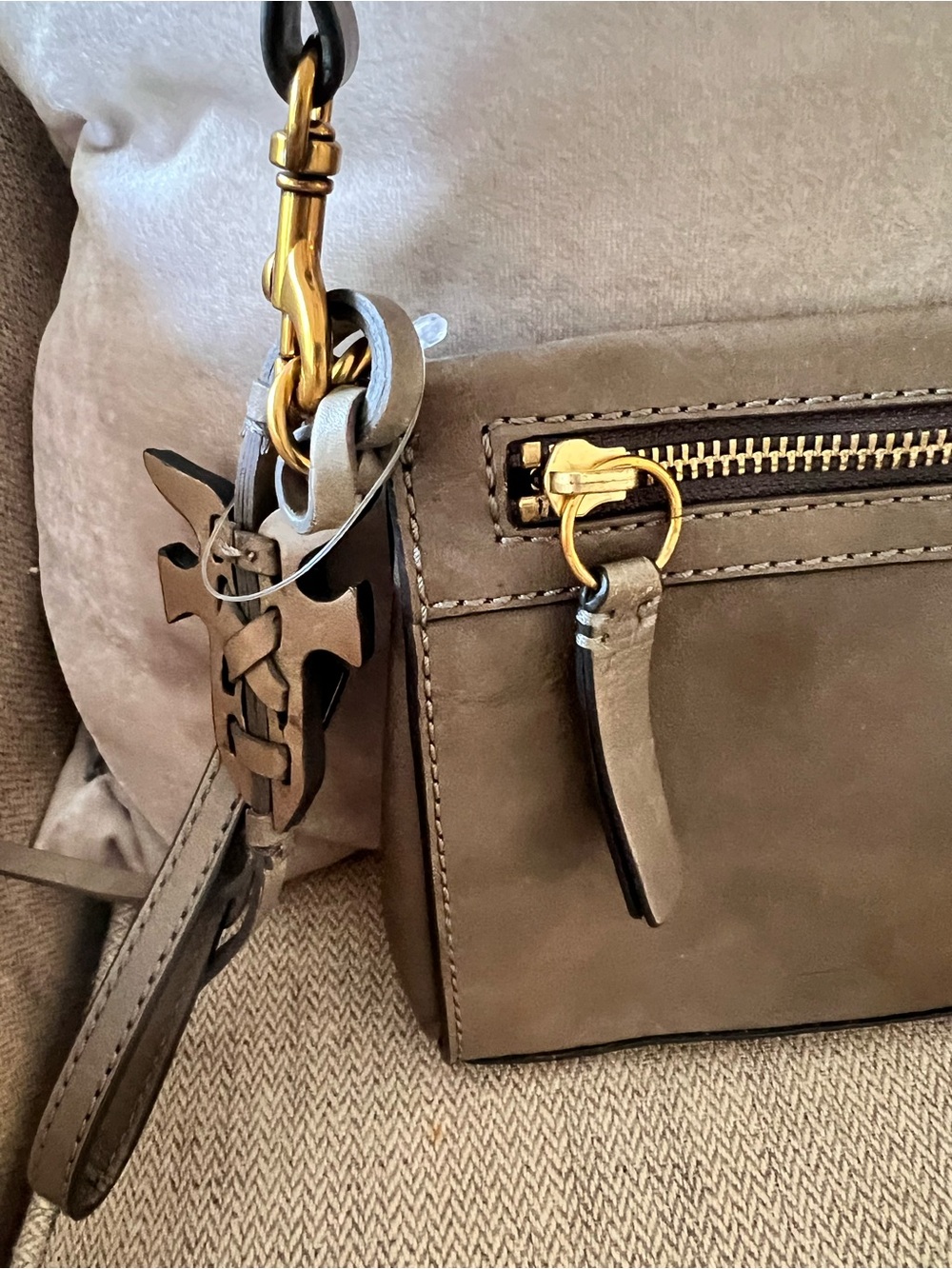 Frye Gray-Taupe Leather Crossbody with Gold Hardware. - Picture 2 of 9